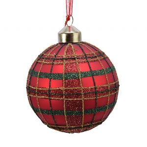 Decoris Christmas Red Checked Glitter 80mm Glass Bauble
