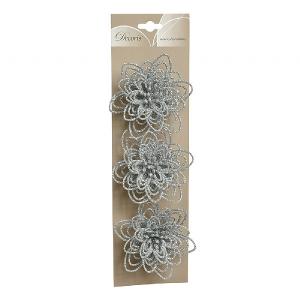 Decoris Silver Plastic Glitter Flower on Clip (Pack of 3)