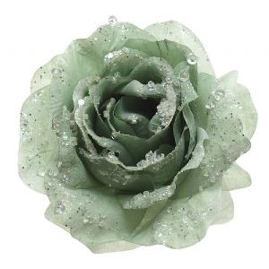 Decoris Sage Green Rose with Glitter on Clip