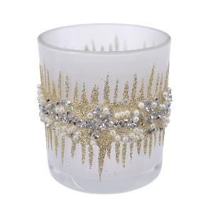 Decoris White & Gold Tealight Holder with Bead Rim 10cm