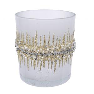Decoris White & Gold Tealight Holder with Bead Rim 8cm