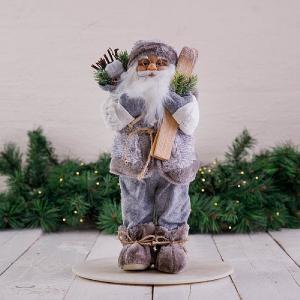 40cm Grey Standing Santa Decoration with Skis