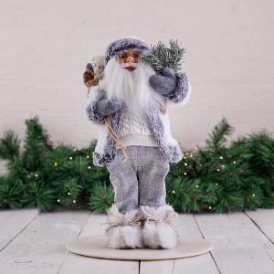 40cm Grey Standing Santa Decoration with Tree