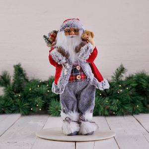 40cm Red & Grey Tartan Standing Santa Decoration
