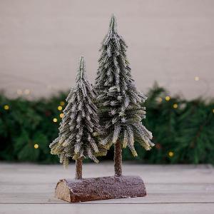 35cm Pair of Snowy Pine Trees on Log Decoration