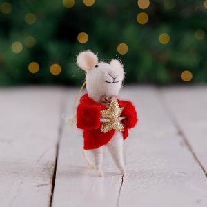 White Mouse in Red Coat with Gold Star Tree Decoration