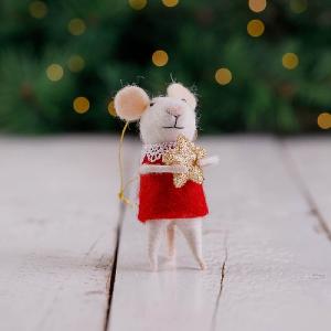 White Mouse in Red Dress with Gold Star Tree Decoration