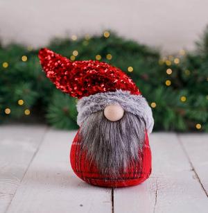 Small Red Sequin & Tartan Gnome Decoration