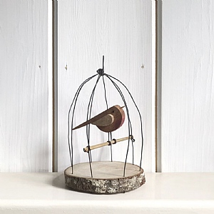 East of India Small Naive Bird In Wire Cage Ornament