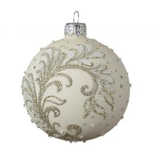 Decoris Wool White Glass Bauble with Glitter Branch 8cm