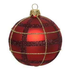 Decoris Red Glass Bauble with Glitter Check 8cm