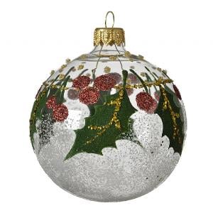 Decoris Transparent Glass Bauble with Holly & Berries 8cm