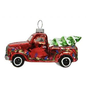 Decoris Red Car with Tree Glass Hanging Tree Decoration