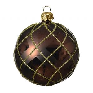 Decoris Brown Glass Bauble with Glitter Lines 8cm