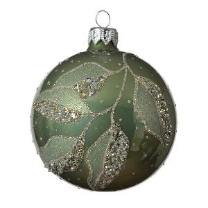 Decoris Sage Glass Bauble with Glitter Branches 8cm