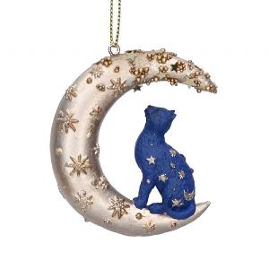 Gisela Graham Blue & Gold Resin Cat On The Moon Tree Decoration