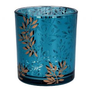 Gisela Graham Turquoise & Gold Leaf Small Glass Candle Holder