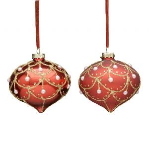 Festive 8cm Beaded Red Bauble (Assorted Designs)