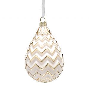 Festive 10cm White Zigzag Glass Drop Bauble