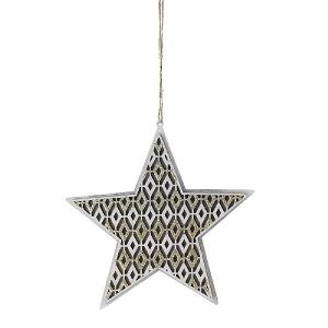 Festive 16cm Wood Star White & Gold Geometric Tree Decoration