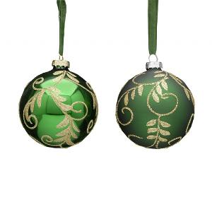 Festive 8cm Swirl Leaf Green Glass Bauble (Assorted Designs)