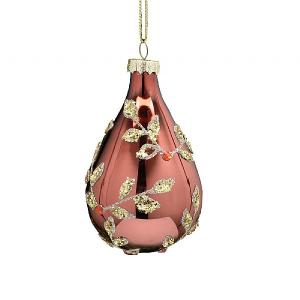 Festive 11cm Burgundy Gold Leaf Glass Drop Glass Bauble