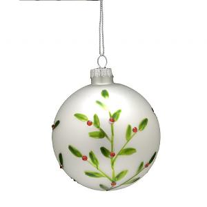 Festive 8cm Silver & Green Leaf Glass Bauble