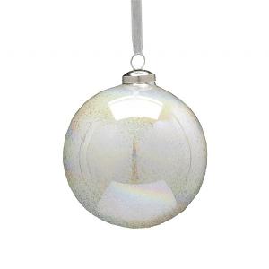 Festive 10cm White Iridescent & Silver Glass Bauble
