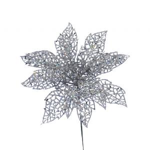 Festive 24cm Silver Poinsettia Pick