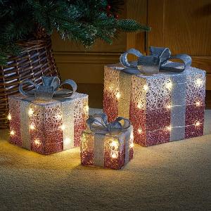 Three Kings Set of 3 Pink Sparkly Faux Gift Boxes (Battery Operated)