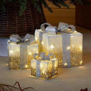Three Kings Set of 3 Gold Sparkly Faux Gift Boxes (Battery Operated)