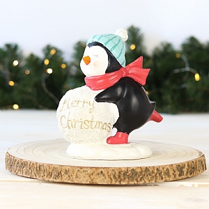 Penguin Pushing "Merry Christmas" Snowball (19cm)