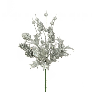 Silver Holly Pick with Berry & Cones 18cm