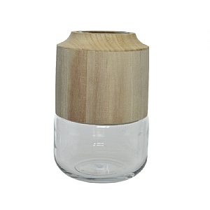 Transparent Clear Glass & Wood Vase 20cm