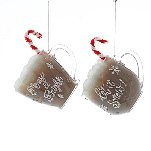 Festive 7cm Hanging Coffee Cups With Candy Cane - (Assorted Designs)