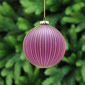 Festive Purple Glass Bauble With Gold Ridged Lines 10cm
