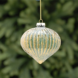 Festive Green & Gold Striped Aged Effect Glass Onion 10cm