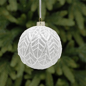 Festive Frosted White Leaf Glass Bauble 10cm