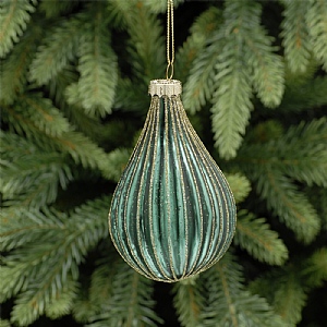Festive Green & Gold Glitter Ridged Glass Droplet 10cm