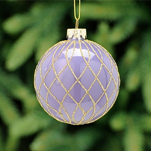 Festive Lilac Glass Bauble With Gold Criss Cross Lines 8cm
