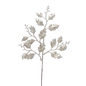 Festive Champagne & Gold Glitter Holly Leaf Stem 43cm