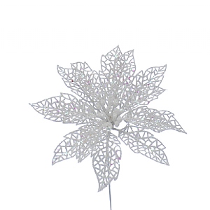 Festive White Glitter Poinsettia Pick 24cm