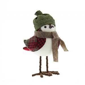 Festive White & Tartan Robin in Green Hat 20cm