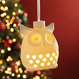 Festive Battery Operated Lit Ceramic Hanging White Owl 9cm