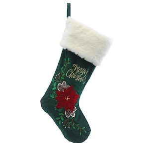 Festive Merry Christmas Stocking With Red Poinsettia 46cm