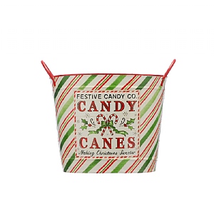 Festive 29cm Red Green & White Candy Cane Metal Bucket