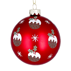Gisela Graham Matt Red Glass Ball with Christmas Puddings