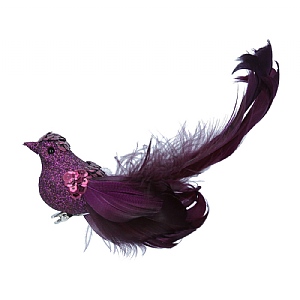 Gisela Graham Purple Glitter & Feather Tail Bird Clip