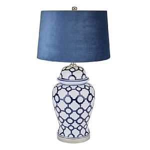 Acanthus Blue And White Ceramic Lamp With Blue Velvet Shade