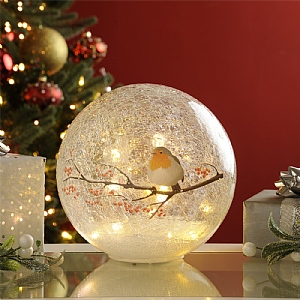 Festive Large Robin Led Crackle Bauble
